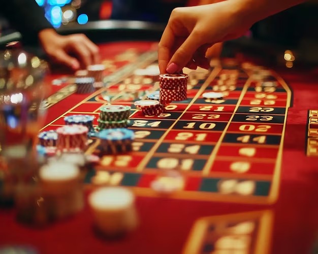 Live dealer in action Dealer managing cards and chips at a live roulette table